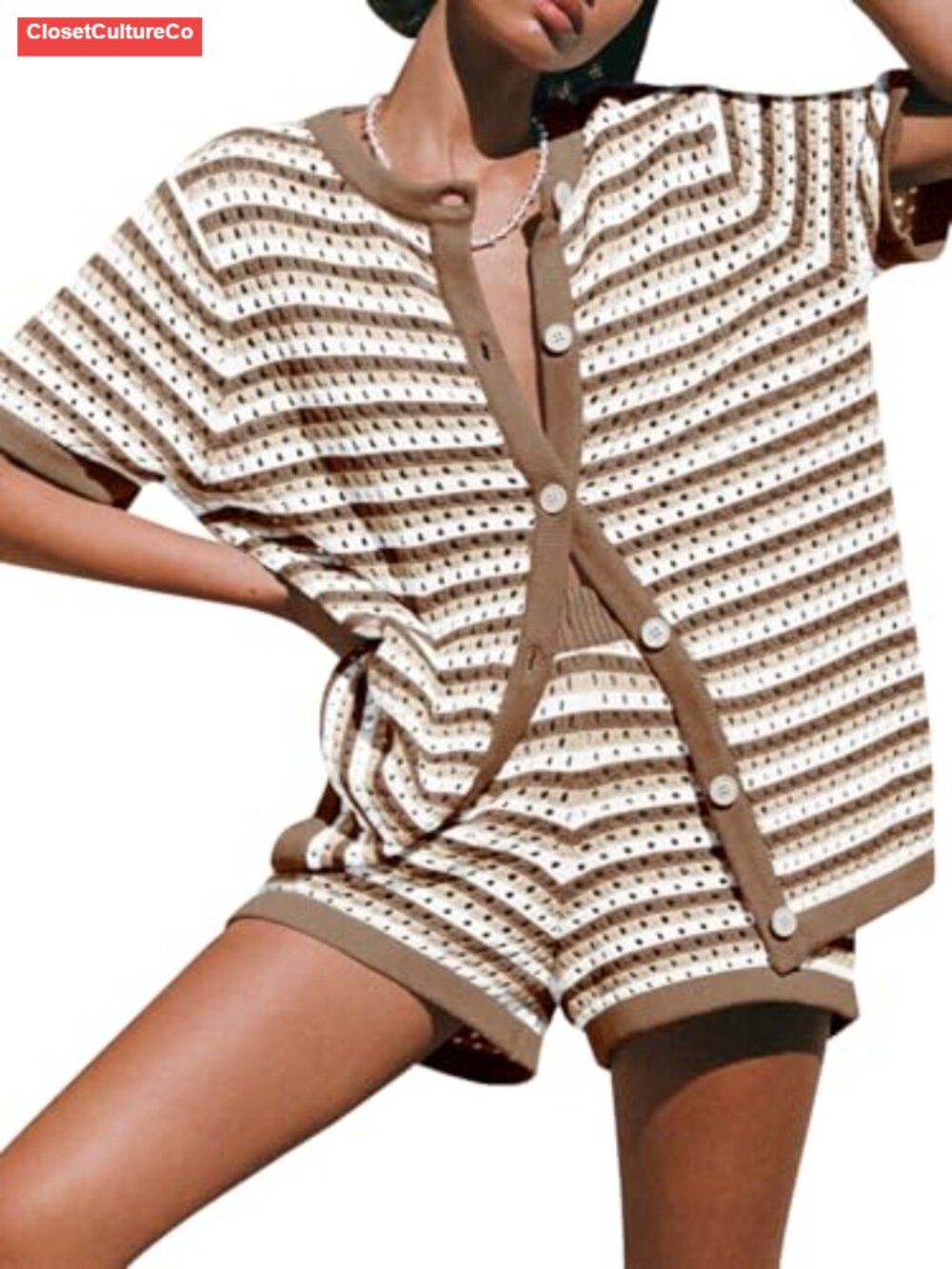 Crochet Short Set Striped Knit Cover Up Button Down Tee & Shorts 2 Piece